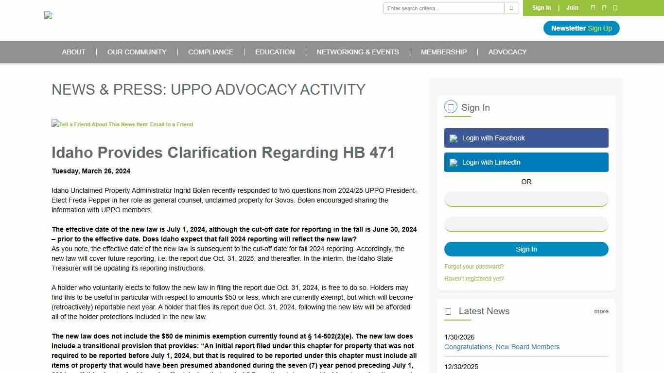 Idaho Provides Clarification Regarding HB 471 - Unclaimed Property Professionals Organization